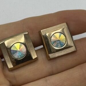 Cufflinks Sarah Coventry Vintage Gold Iridescent Rhinestones Formal Wear Vtg 5/8